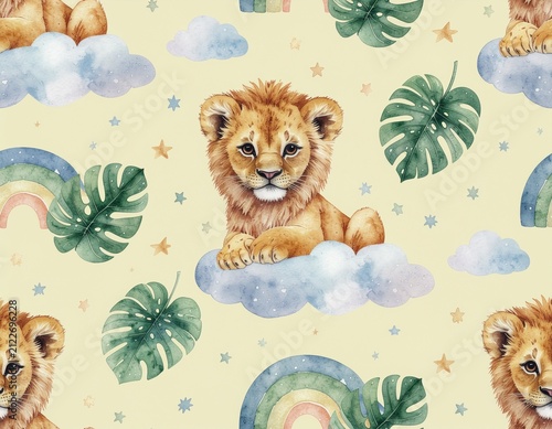 Seamless watercolor pattern featuring cute lion cubs on clouds with jungle leaves, stars, and rainbows for nursery, baby room decor, and kids textile designs