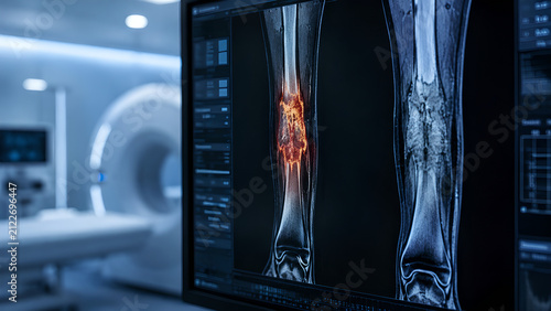 Bone Osteomyelitis Radiology Scan Showing Localized Marrow Edema and Inflammation on Diagnostic Imaging Monitor in Modern Hospital for Medical Education, Patient Communication, and Healthcare Design
