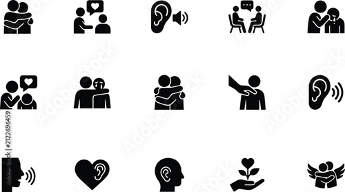 Set of emotional connection and human interaction icons with connection communication listening