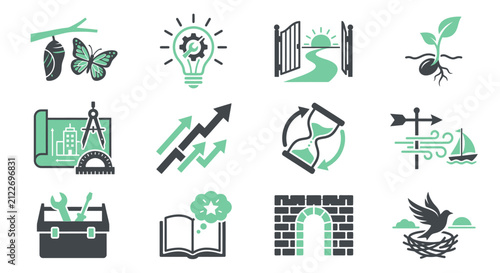 Foto Collection of Metaphorical Business Concept Icons Illustrating Growth and Develo