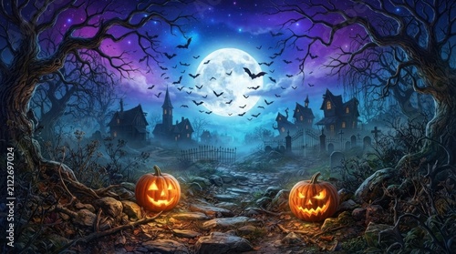 Jack O Lanterns In Enchanted Blue Night Forest
