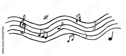 Wavy music staff with notes hand drawn illustration, treble clef sharp sign line doodle, sheet music sketch, vector art