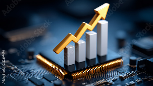 A rising bar chart and arrow on a microchip represent technology growth and improved digital performance.
