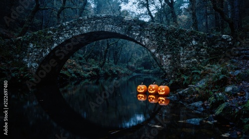 Spooky Stone Arch Bridge Over Stream At Night