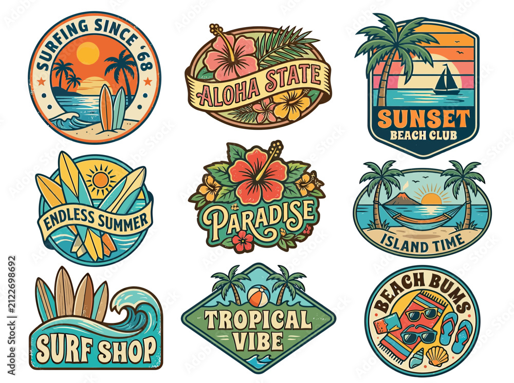Naklejka premium Retro Tropical Beach and Surf Badges Collection