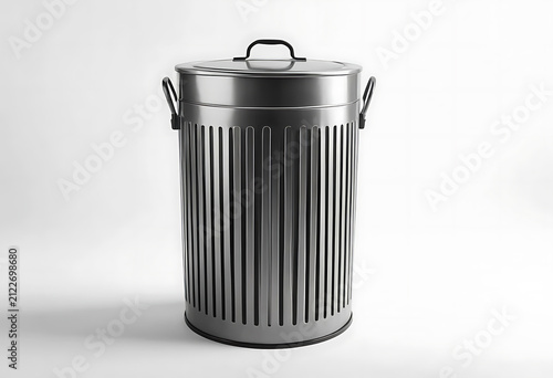 Metal trash can with lid and handles on white background, cylindrical and silver-grey eecycling Bin.