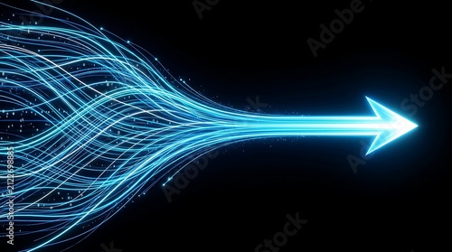 Futuristic digital arrow speeding through neon data streams. High-tech glowing trajectory symbolizing innovation and fast connectivity.