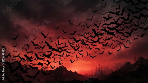 Flock Of Bats Flying Over Red Sunset Sky