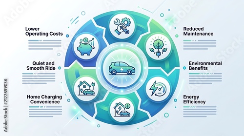 Benefits of electric vehicles infographic with circular icons