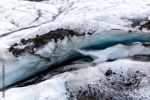 Skaftafell Glacier blue crevasse and moraine rocks in Iceland