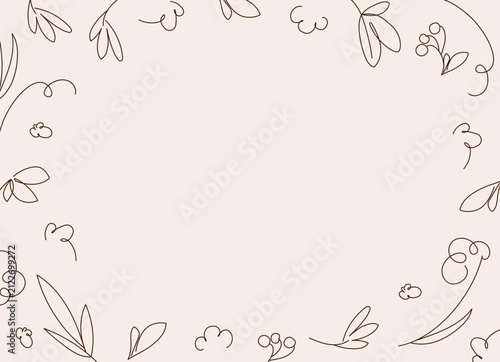 Rectangular banner frame made of decorative branches and flourishes. Background with a linear pattern. Vintage-style outline. Vector graphics.