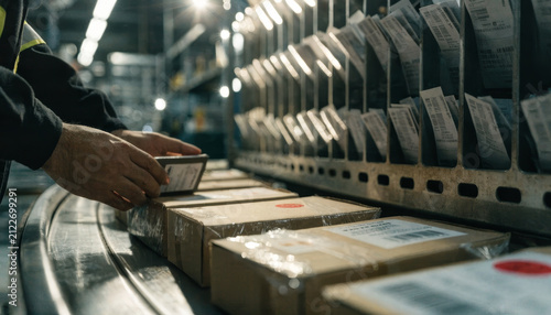 Hands sorting package warehouse logistics shipping delivery barcode label conveyor industrial organization efficiency parcel distribution supply chain workplace business storage fulfillment