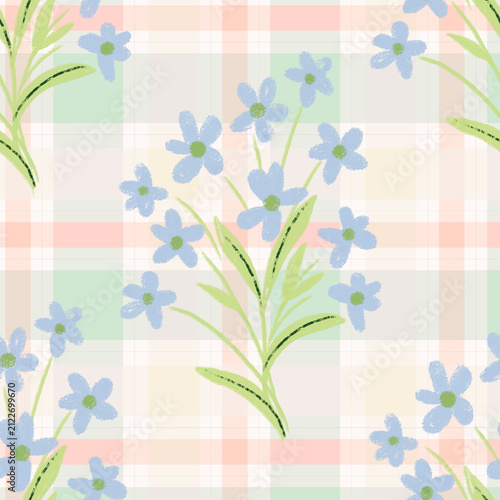 Pastel floral seamless pattern collection with plaid background and Oil pastel flowers