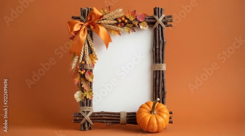 Rustic Fall Picture Frame With Pumpkin On Orange