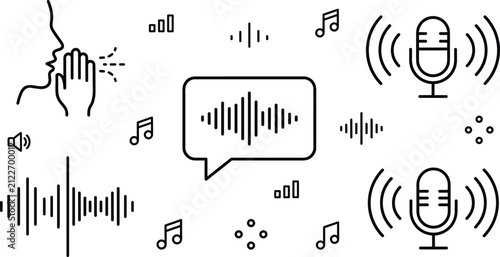 Voice recognition and audio messaging icon set featuring whispering face microphone sound waves speech bubble music notes and signal volume frequency line vector illustrations