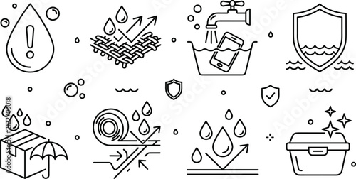 Waterproof and moisture resistant material icon set featuring fabric protection shield water droplets smartphone submergence umbrella box packaging and proofing tape line vectors