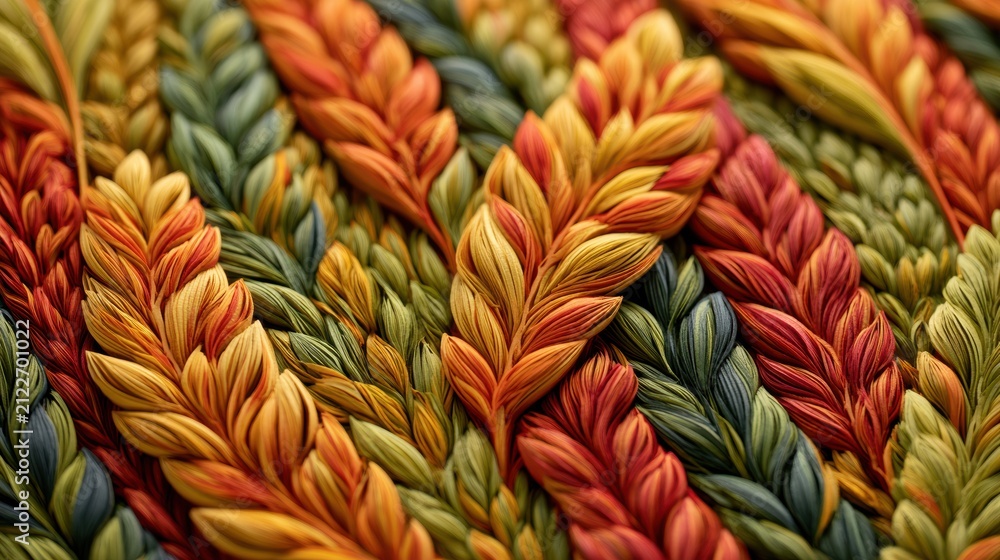 Fototapeta premium Rows of layered paper strips create a wheat field scene with an amber palette showing harvest craft details from an artistic project