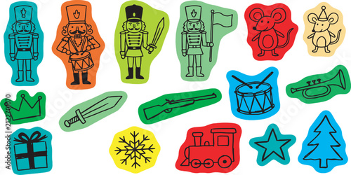 Collection of festive Christmas and holiday icons including nutcrackers, mice, and toys on a white background.