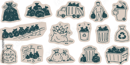 Collection of hand-drawn illustrations depicting various trash bags, bins, and a garbage truck, symbolizing waste management and recycling.