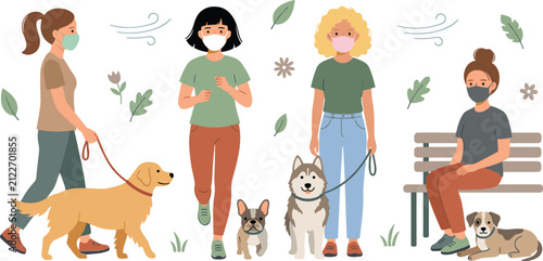 Foto People Wearing Face Masks Walking and Sitting in the Park with Their Dogs During