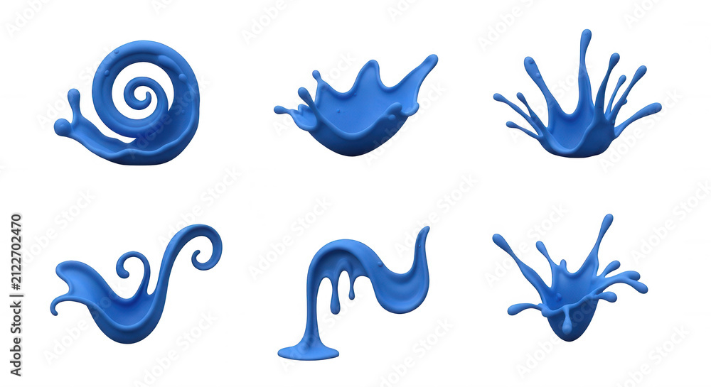Fototapeta premium various blue liquid splashes with soft shadows against a white background artistic design elements for creative projects