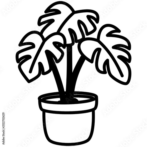 Monstera houseplant in pot line icon, home decor and nature wellness outline vector