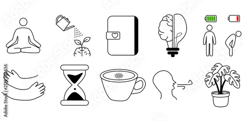 Self care and mental health line icon set