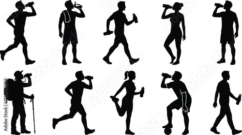 Collection of athletic people silhouettes drinking water and exercising during sports workouts