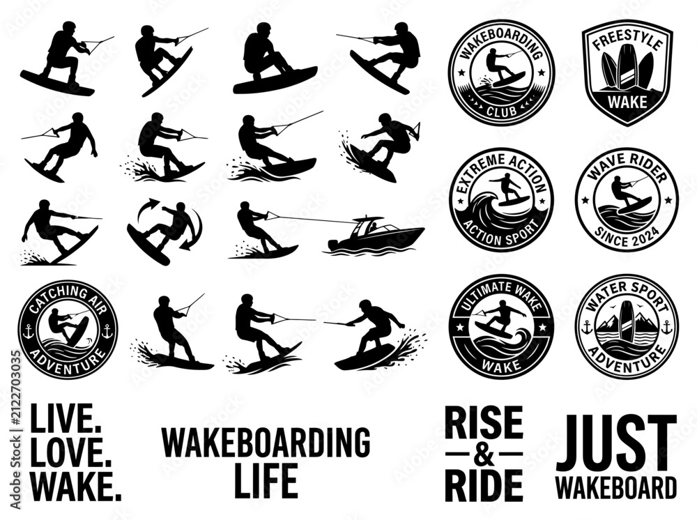 Fototapeta premium Wakeboarding Silhouettes Collection Isolated on Transparent Background