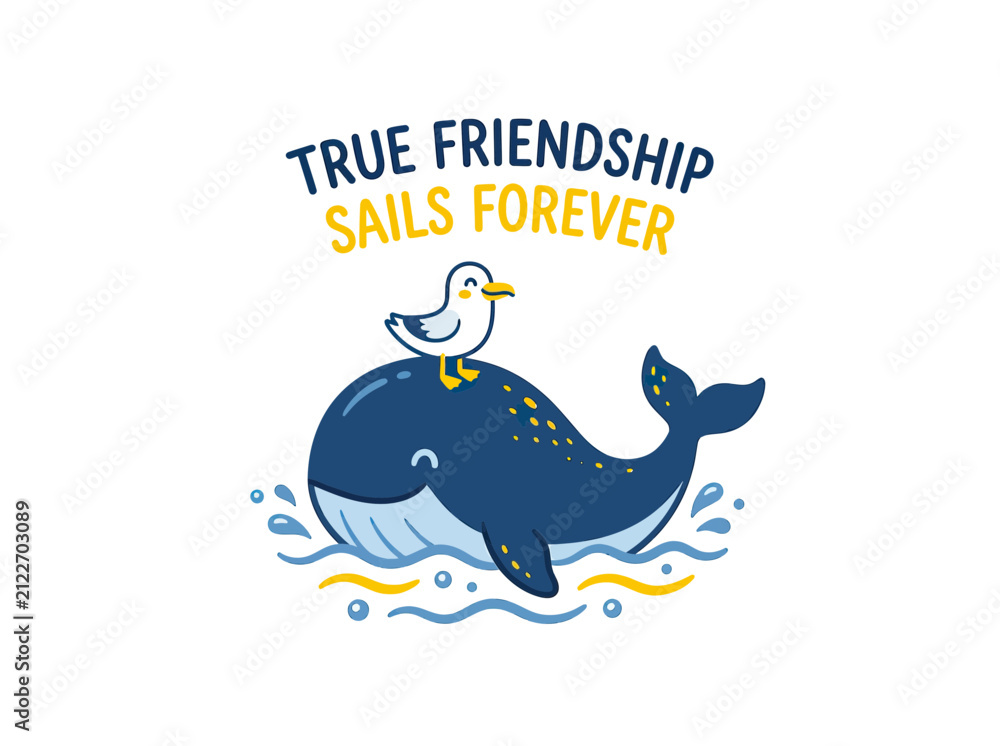 Naklejka premium Cute whale and seagull friendship illustration