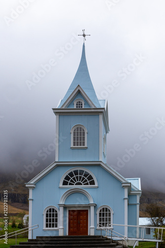 Blue Church Seydisfjardarkirkja in Seydisfjordur, East Iceland