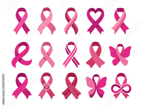 Set of various pink ribbons for breast cancer awareness