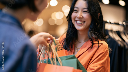 Cheerful Indian customer taking shopping bags with clothes from associate
