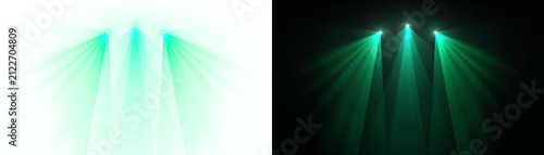 Spotlight beams green lighting shining on concert stage on transparent background. VFX design, theatre stage poster, party, music event.