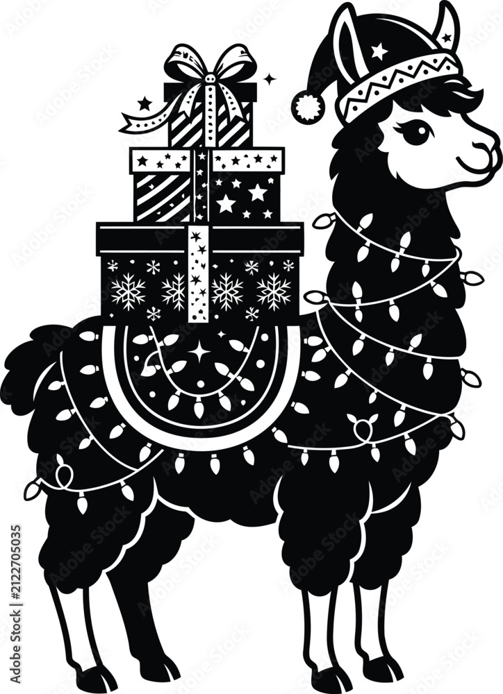 Naklejka premium Festive holiday llama with christmas lights and gifts black vector graphic
