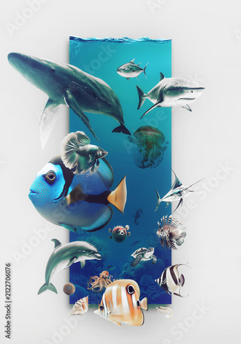 Colorful Ocean Marine Life Collage Featuring Whale, Shark, Tropical Fish and Coral Reef Creatures