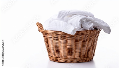 wicker laundry basket with white cloth isolated on a white background background household storage and laundry organization concept