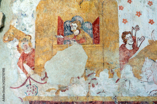 Canvastavla Detail of a religious mural adorning the chapel in Moutiers