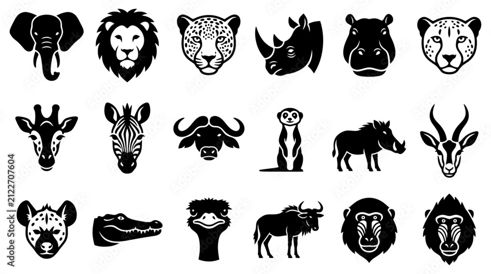 Obraz premium Set of black and white African safari animal head and body silhouette icons including lion, elephant, giraffe, and zebra vector illustration