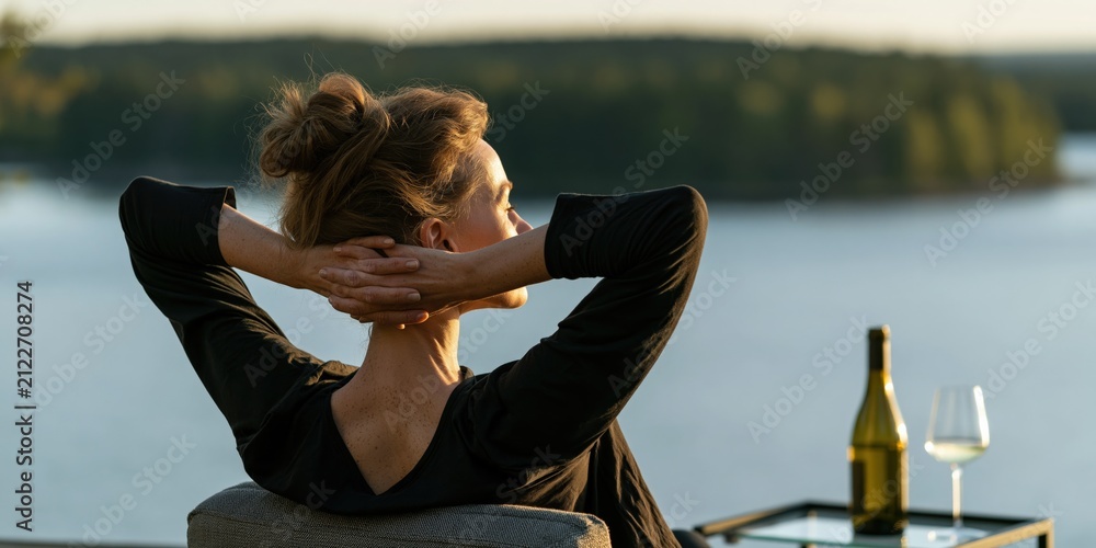 Fototapeta premium Woman leaning back on a lakeside balcony with wine and glass for relaxation background and lifestyle retreat banner