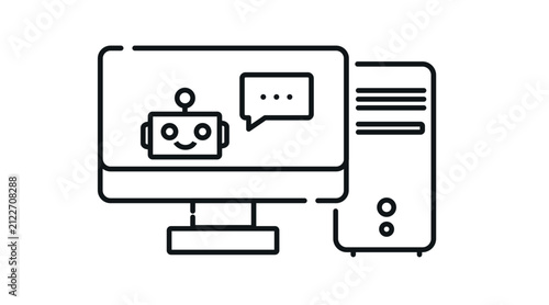 Desktop computer tower and monitor with smiling chatbot and speech bubble vector icon. Black line art style on white background. Artificial intelligence customer support, AI virtual assistant, and aut