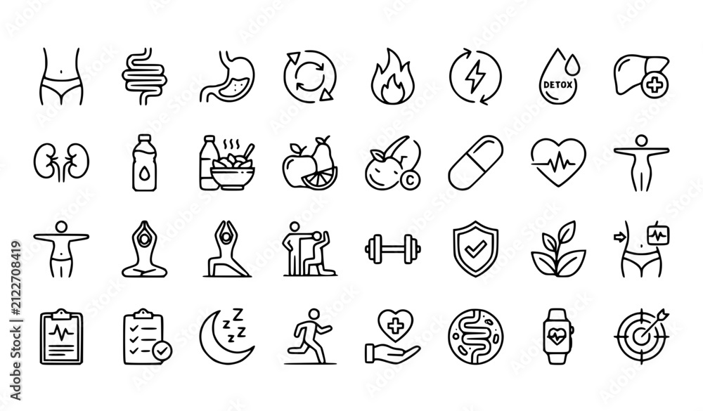 Fototapeta premium Human Metabolism and Body Detox Line Icon Collection for Health and Nutrition Design