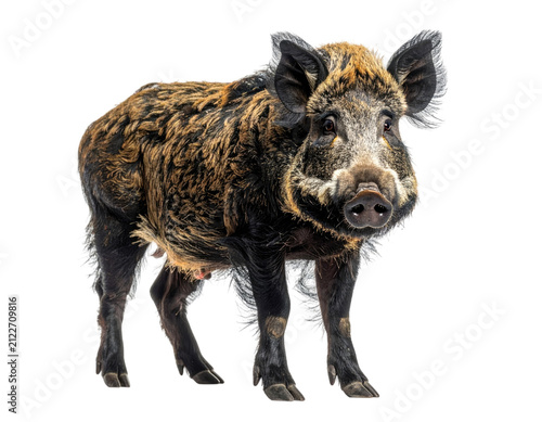 Full body wild boar, positioned center frame on a pristine white background, snout uplifted, eyes focused quietly asserting dominance