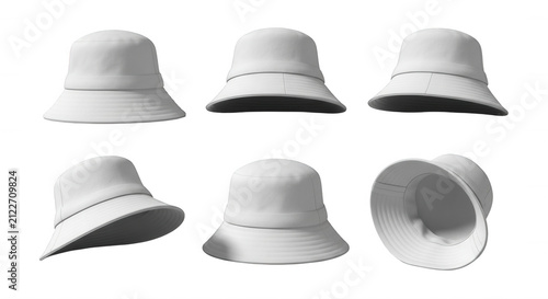 white bucket hats displayed in different angles on a white background fashion design and product mockups