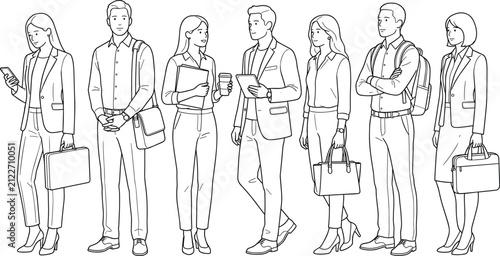 Diverse groups of professional business people and office workers standing together in line art style vector illustration