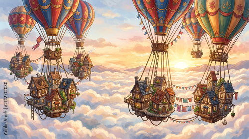 A quaint village of tiny cozy houses floating in the sky under huge colorful balloons 