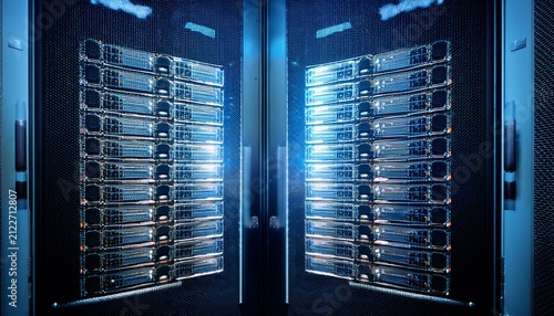 modern data center server stack beaming with digital information processing capacity for cloud storage and hosting solutions online now