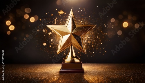 golden star trophy on dark backdrop with glitter effect for success theme award presentation promotional design