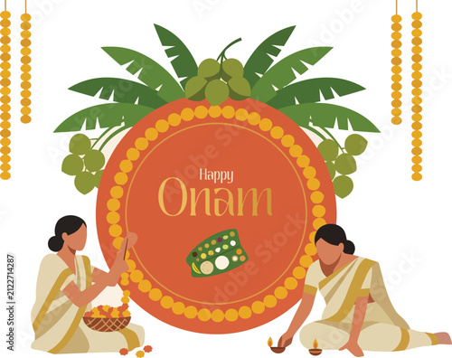 Happy Onam festival greeting card vector illustration with women in traditional Kasavu saree making flower garland and diya