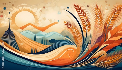 abstract design captures essence of shavuot integrating symbols of wheat torah and nature with harmonious palette of